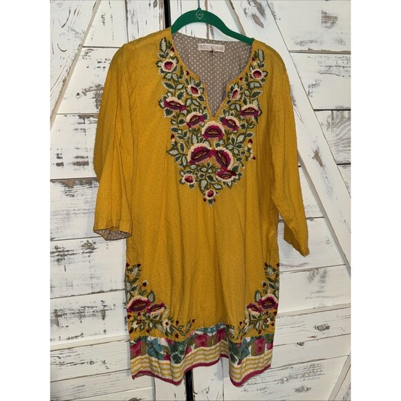 Ritu Kumar Embroidered Dress Kurta Size M Yellow Floral Boho Festival Resort - Picture 2 of 11